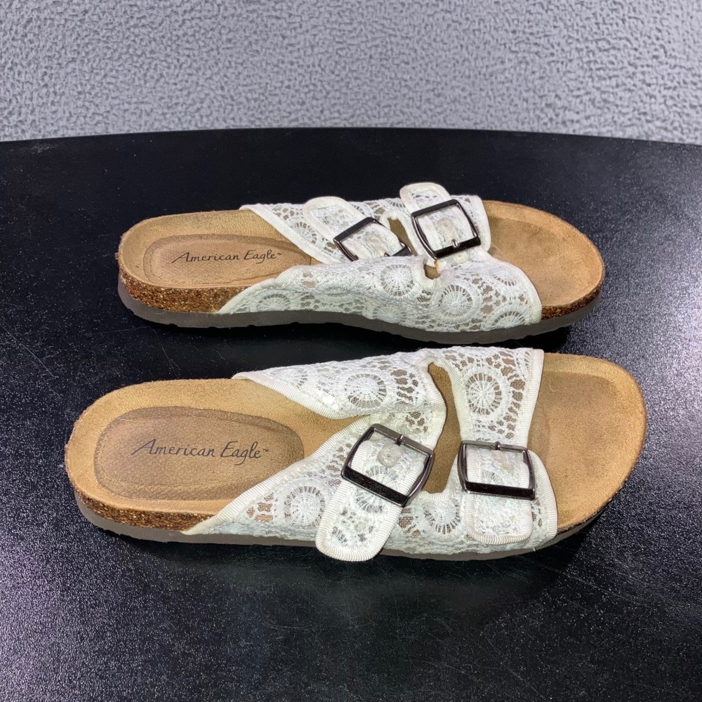 American Eagle Sandals Women 7 White Lace Double Buckle Boho Cork Cottagecore